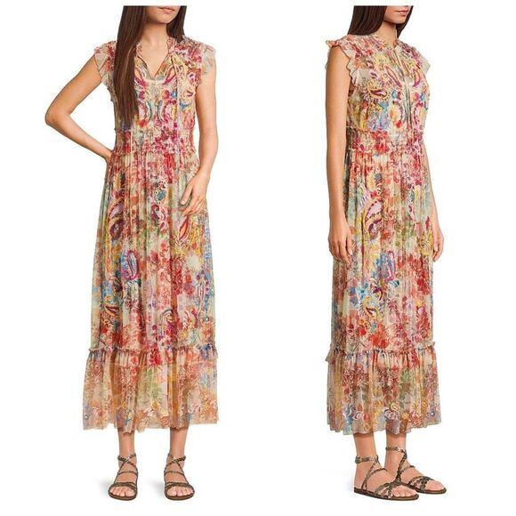 Johnny Was Womens Mazzy Embroidered Mesh Tiered Maxi Dress Leafy Size Small - Picture 1 of 12